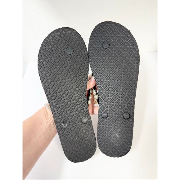 Tory Burch Pearl Embellished Flip Flop Sandals Logo 8 Black - Picture 5 of 5